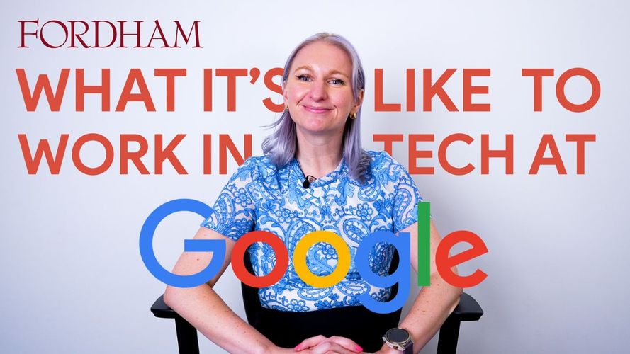 A woman sits in a chair wearing a blue shirt with the text Google over here, representing how to get a job in tech