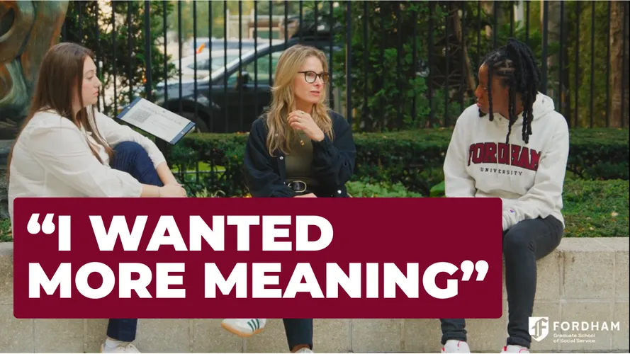 three students sitting outside the Lincoln Center campus. A text overlay reads, 