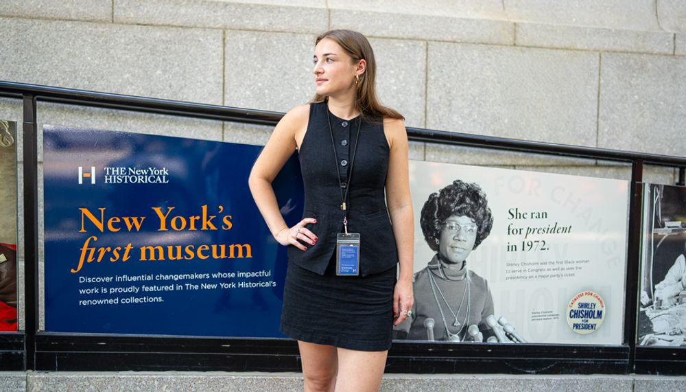 Fordham student Seneca Farhy stands in front of The New York Historical, where she interned this summer.