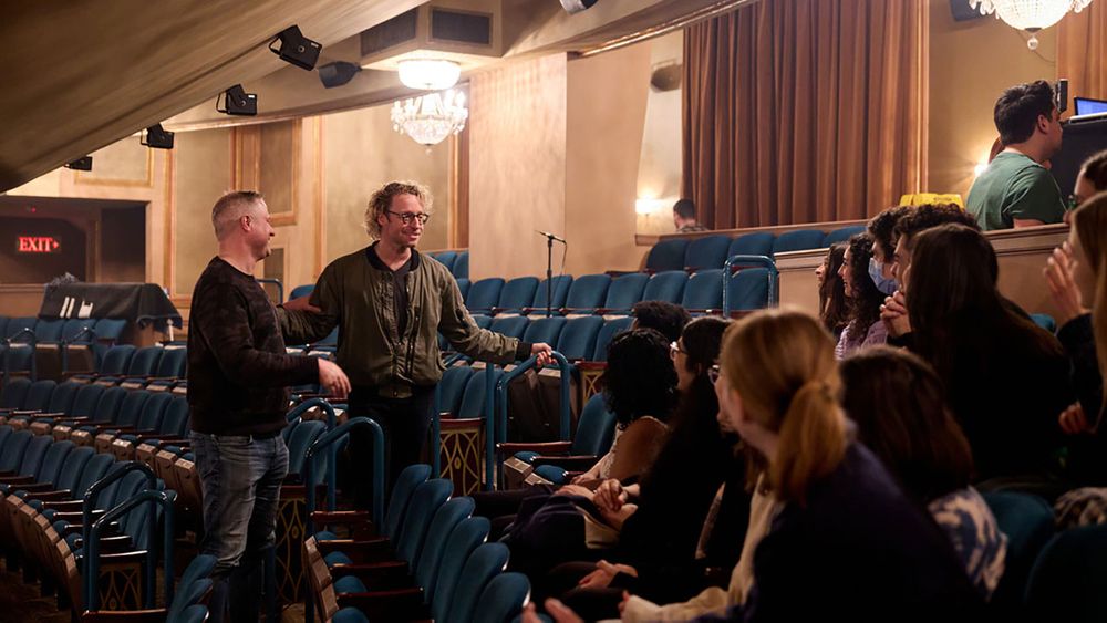 Composer Matt Gould speaks to John Johnson's class at the Longacre Theatre.