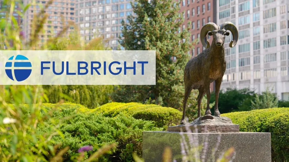 Fordham Ram Statue at Lincoln Center campus with Fulbright text