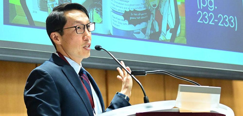 Professor Stephen Hong Sohn discusses Laura Gao’s “Messy Roots” graphic narrative at his installation ceremony in April 2023. Sohn is one of the faculty members who is a part of the Asian American studies minor. Photo by Chris Taggart.