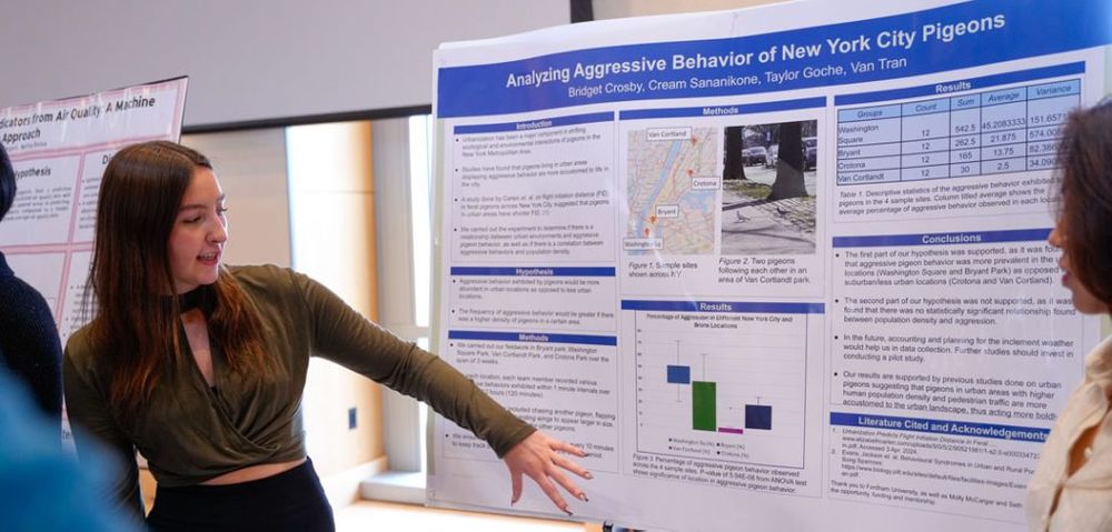 Taylor Goche presents research on aggressive pigeon behavior in NYC.