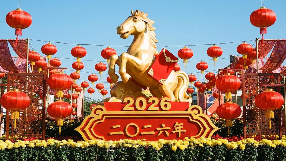 Chinese New Year display featuring a golden horse statue (Shutterstock)