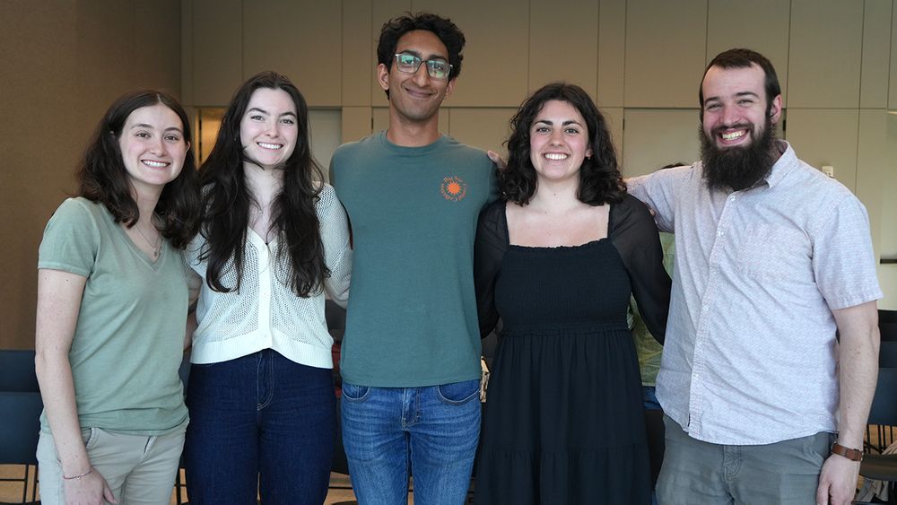 Sophia Maier, Daisy Salchli, Hanif Amanullah, Emilia Tesoriero, and Michael Au-Mullaney were among the Fulbright awardees and alternates at a May 3 fellowships celebration at the Rose Hill campus.