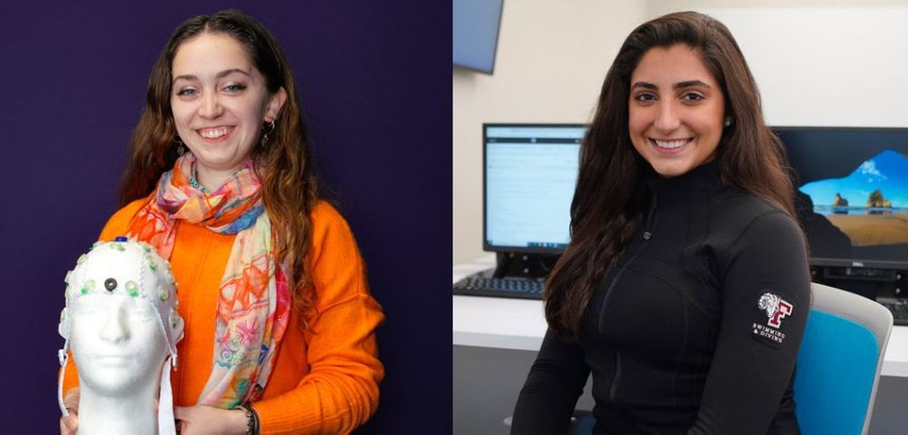 Lindsey Berry in the EEG Lab for Language and Multilingualism Research, where she studies bilingualism, and Luisa Rosa in a newly renovated computer lab in John Mulcahy Hall, where she attends classes.