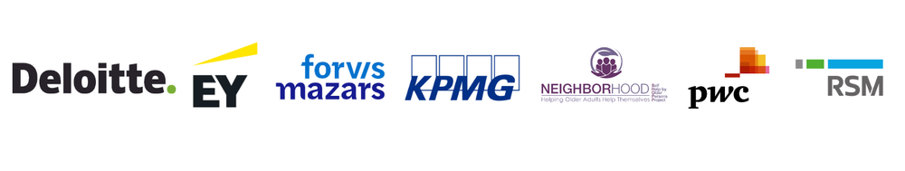 Logos of Deloitte, EY, Forvis Mazars, KPMG, Neighborhood SHOPP, PwC, RSM
