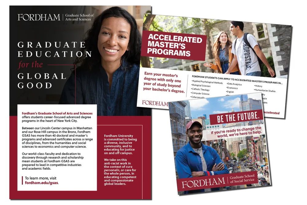 Examples of flyers and postcards produced for Fordham graduate schools