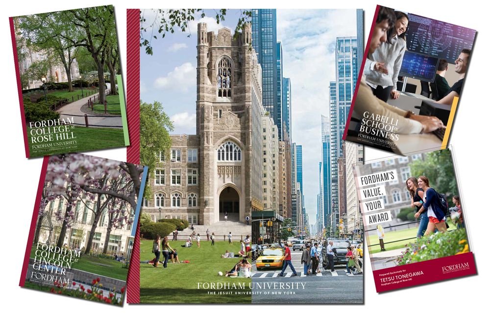 An assortment of covers of Fordham University viewbooks