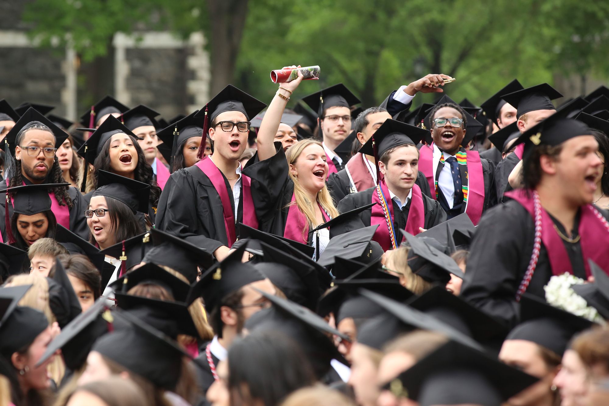 Fordham graduates standing and cheering at Commencement 2025