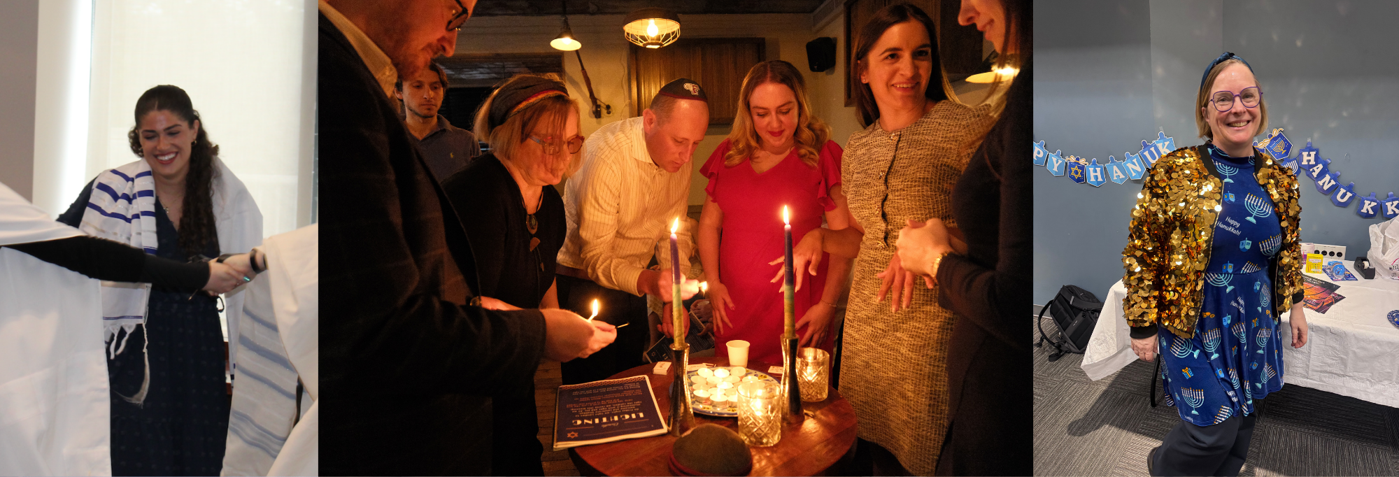 A student at a B'mitzvah, people gather lighting a candle, and Rabbi Katja Vehlow at an event.