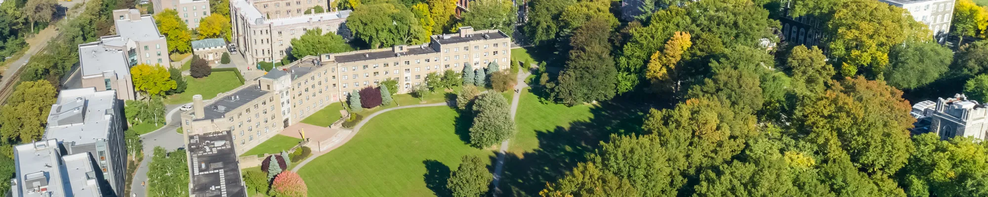 aerial view of Martyr's Lawn on the Rose Hill campus