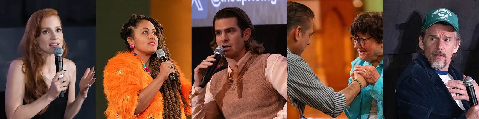 Photos of Jessica Chastain, Lileana Blain-Cruz, Andrew Garfield, Sister Helen Prejean, and Ethan Hawke