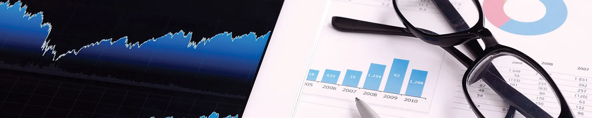 Analytics in blue and bar graphs