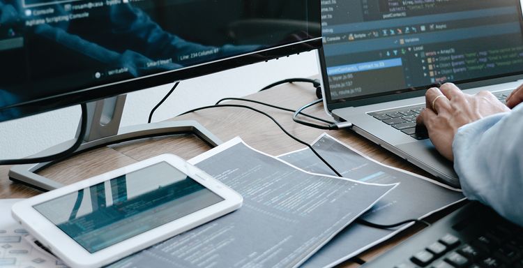 Man at Computer, monitor and papers spread around