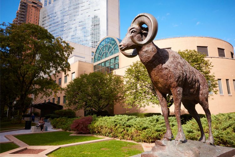 a statue of a ram in the Lincoln Center campus courtyard.