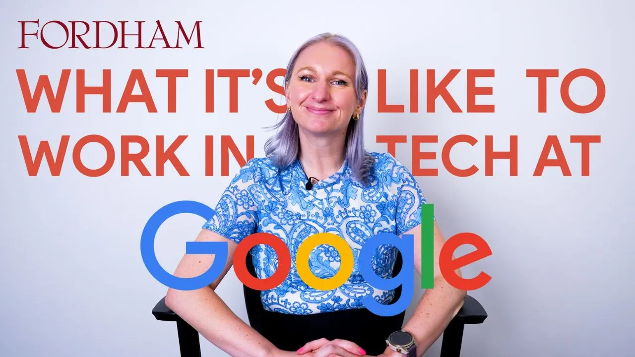 A woman sits in a chair wearing a blue shirt with the text Google over here, representing how to get a job in tech