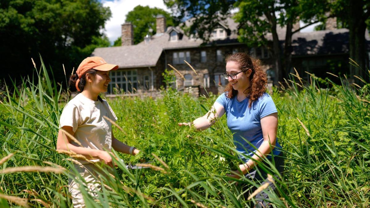 Chomri Khayi (left), land manager at Fordham's Calder Center, stands in a tall-grass field with a student.