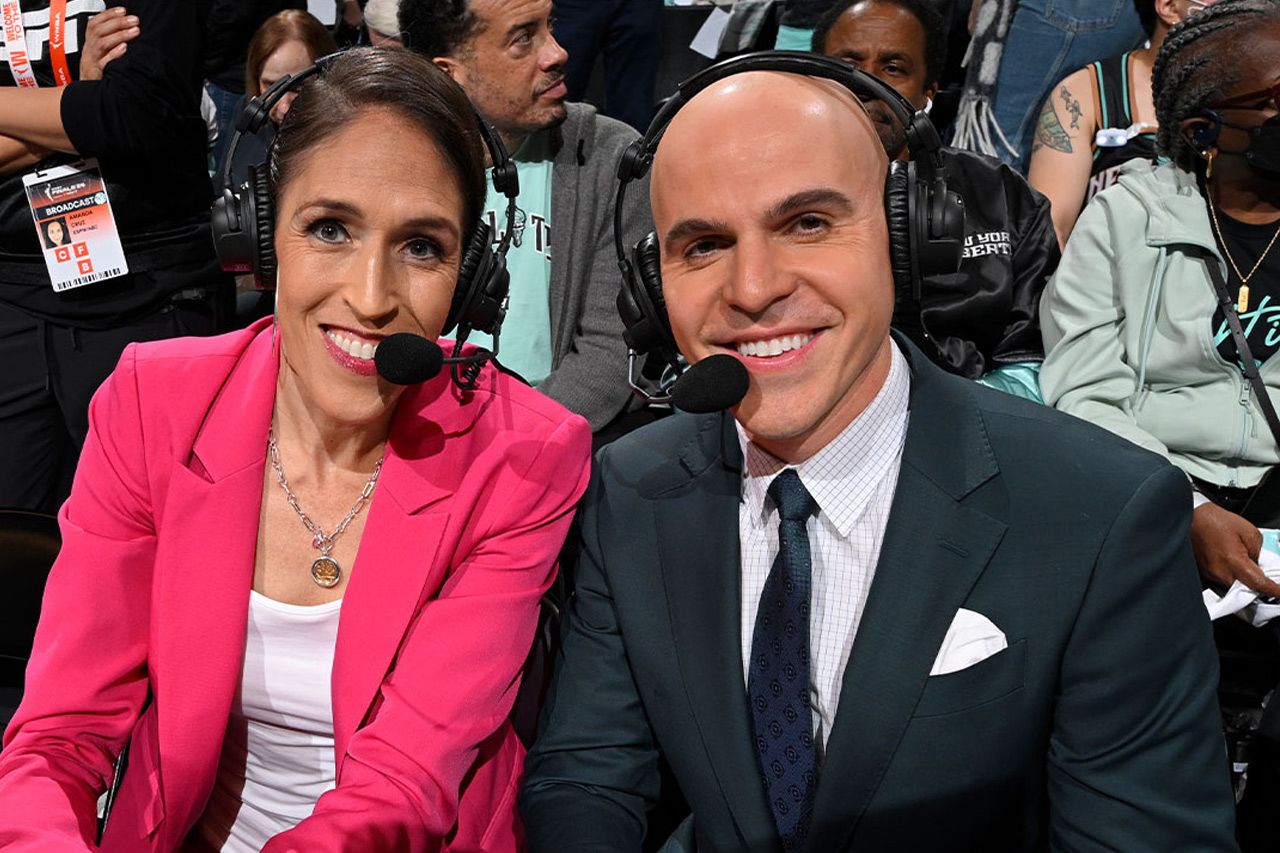 Rebecca Lobo and Ryan Ruocco before Game 5 of the WNBA Finals on October 20 in Brooklyn.