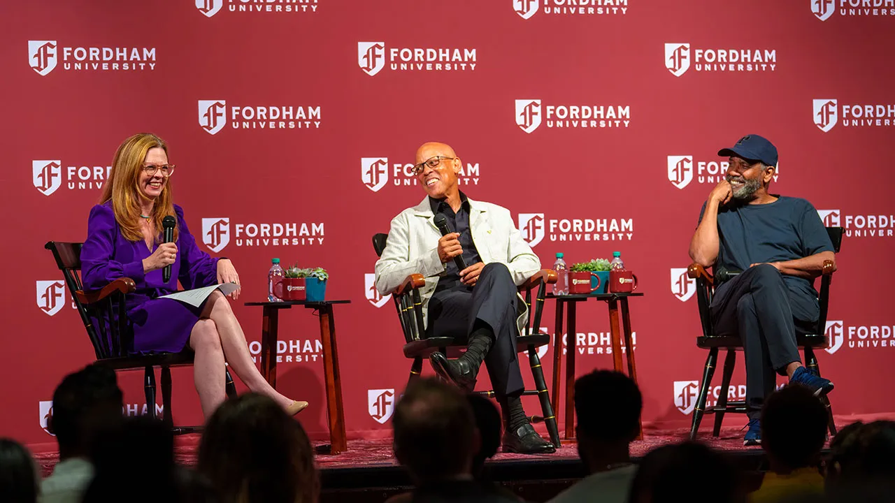 Denzel Washington and Anthony Carter talk on state with President Tania Tetlow at Fordham's Lincoln Center campus