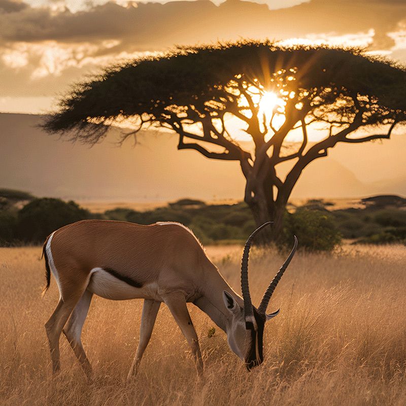 A gazelle is grazing on a grassy plain at sunset