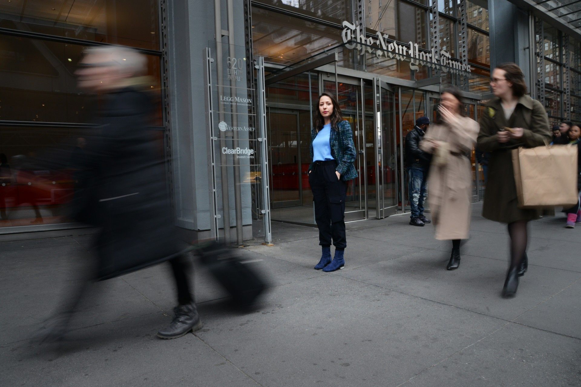 Student in front of The New York Times office