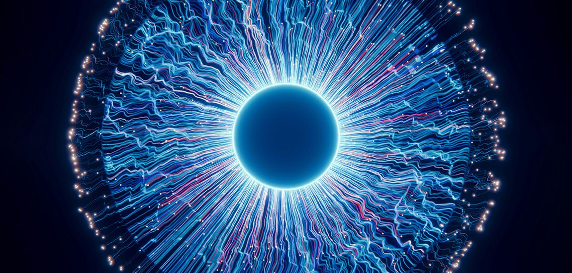 A blue ring of light surrounded by digital waves.