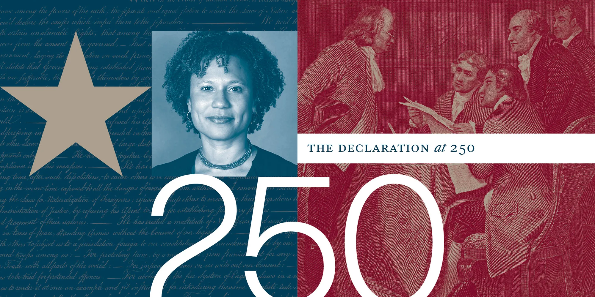 A banner featuring a woman with curly hair and the United States' founding fathers.